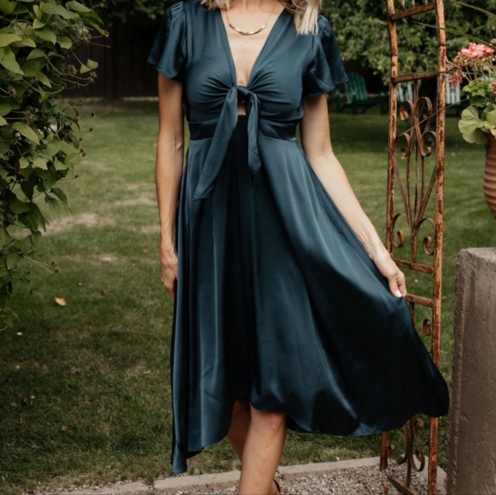 Baltic Born Poppy Satin Midi Dress in Midnight Blue